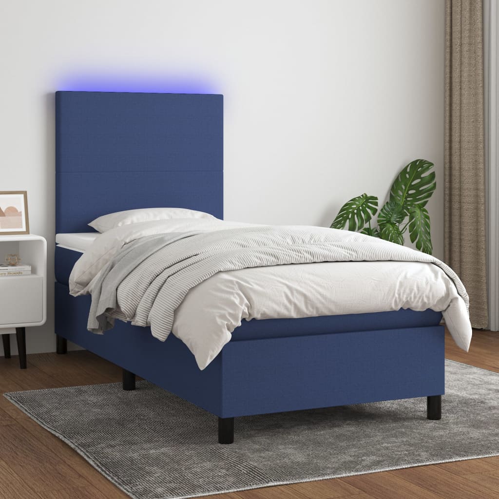 vidaXL Posteľ boxsping s matracom a LED modrá 90x200 cm látka