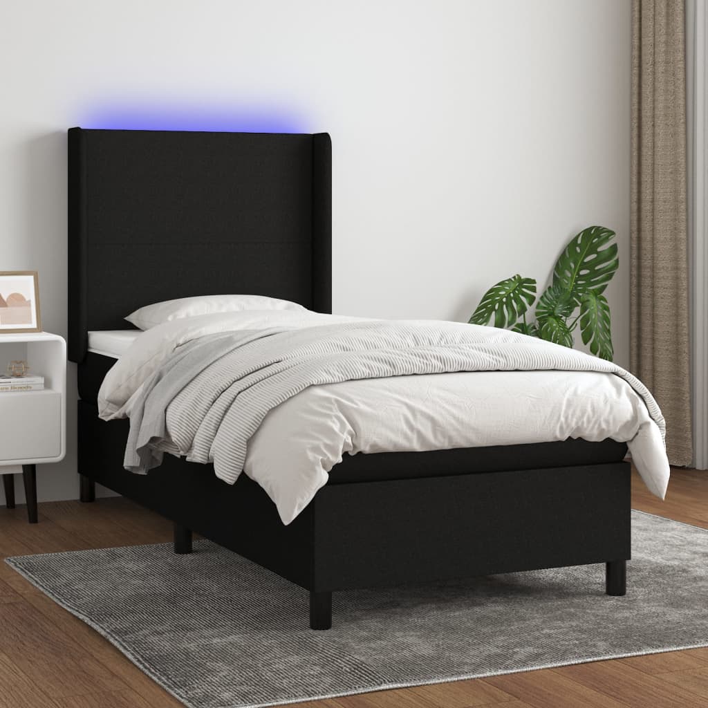 vidaXL Posteľ boxsping s matracom a LED čierna 90x200 cm látka