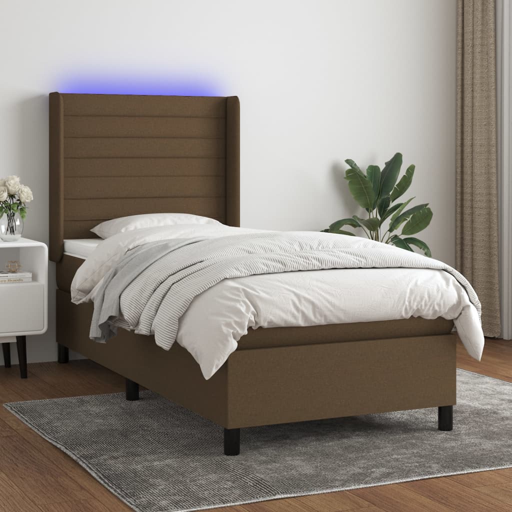 vidaXL Posteľ boxsping s matracom a LED tmavohnedá 100x200 cm látka