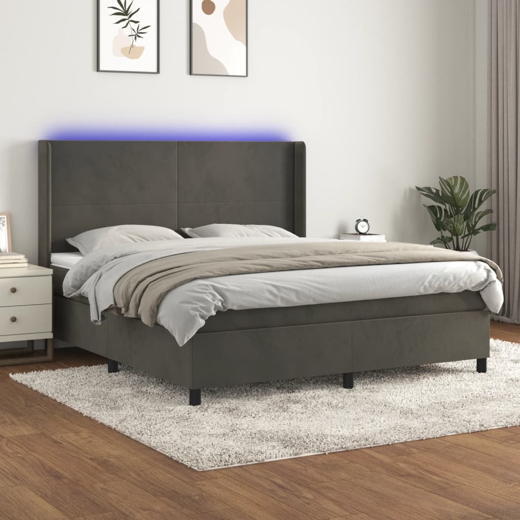 vidaXL Posteľ boxsping s matracom a LED tmavosivá 180x200 cm zamat