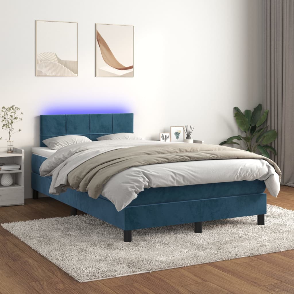 vidaXL Posteľný rám boxsping matrac a LED tmavomodrý 120x200 cm zamat