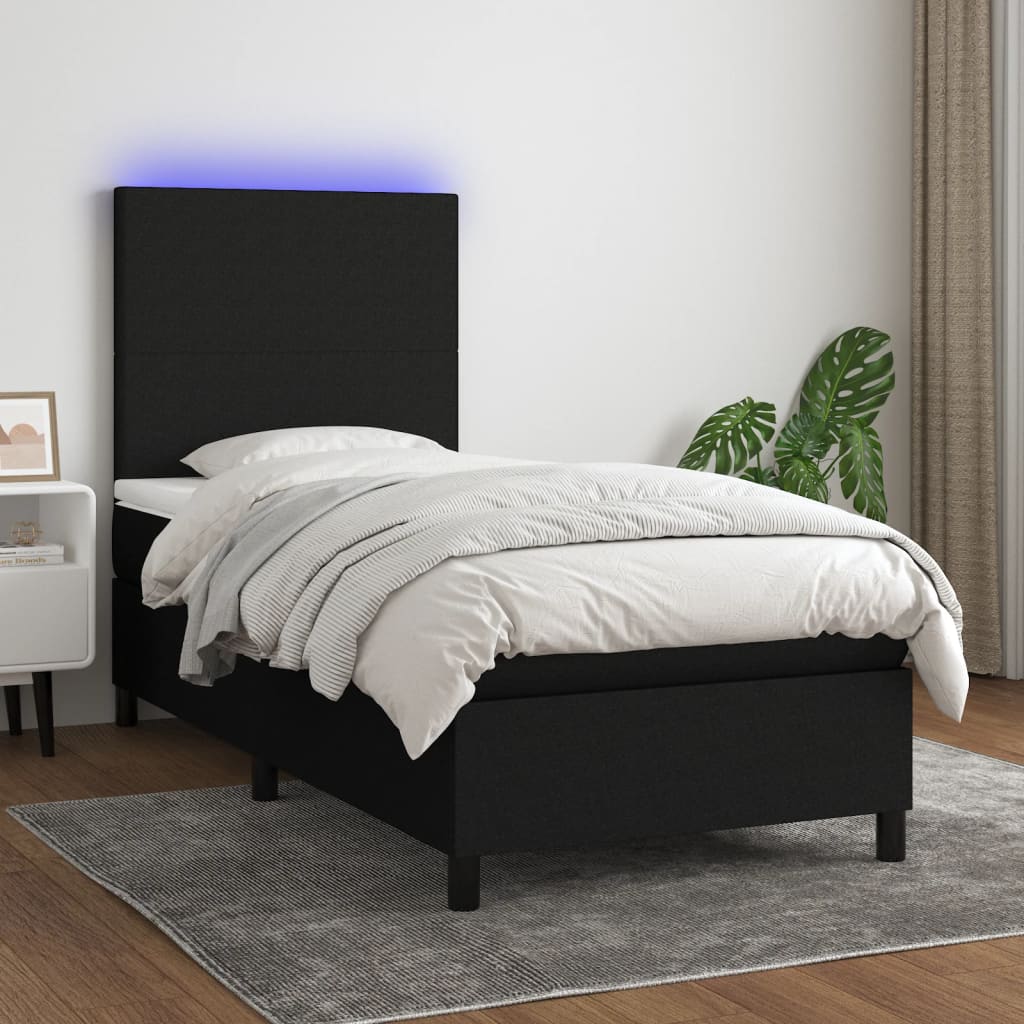 vidaXL Posteľ boxsping s matracom a LED čierna 90x200 cm látka