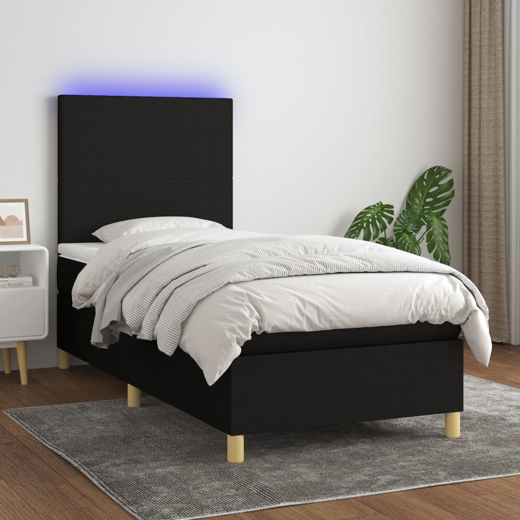 vidaXL Posteľ boxsping s matracom a LED čierna 90x200 cm látka