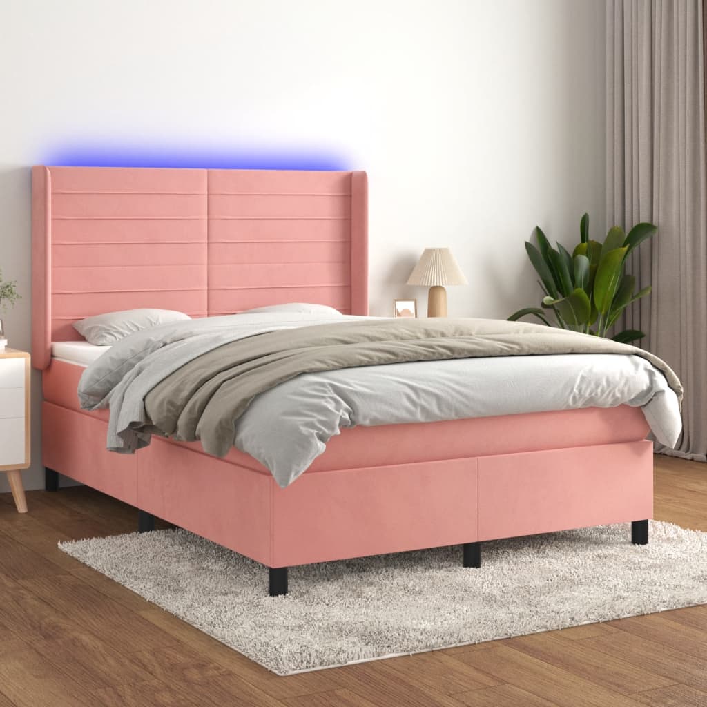 vidaXL Posteľný rám boxsping s matracom a LED ružový 140x190 cm zamat