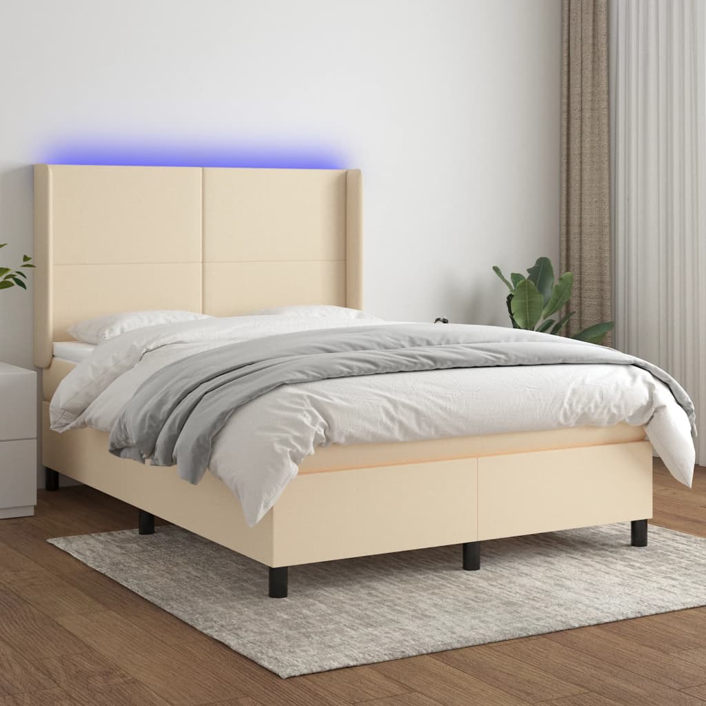 vidaXL Posteľ boxsping s matracom a LED krémová 140x200 cm látka