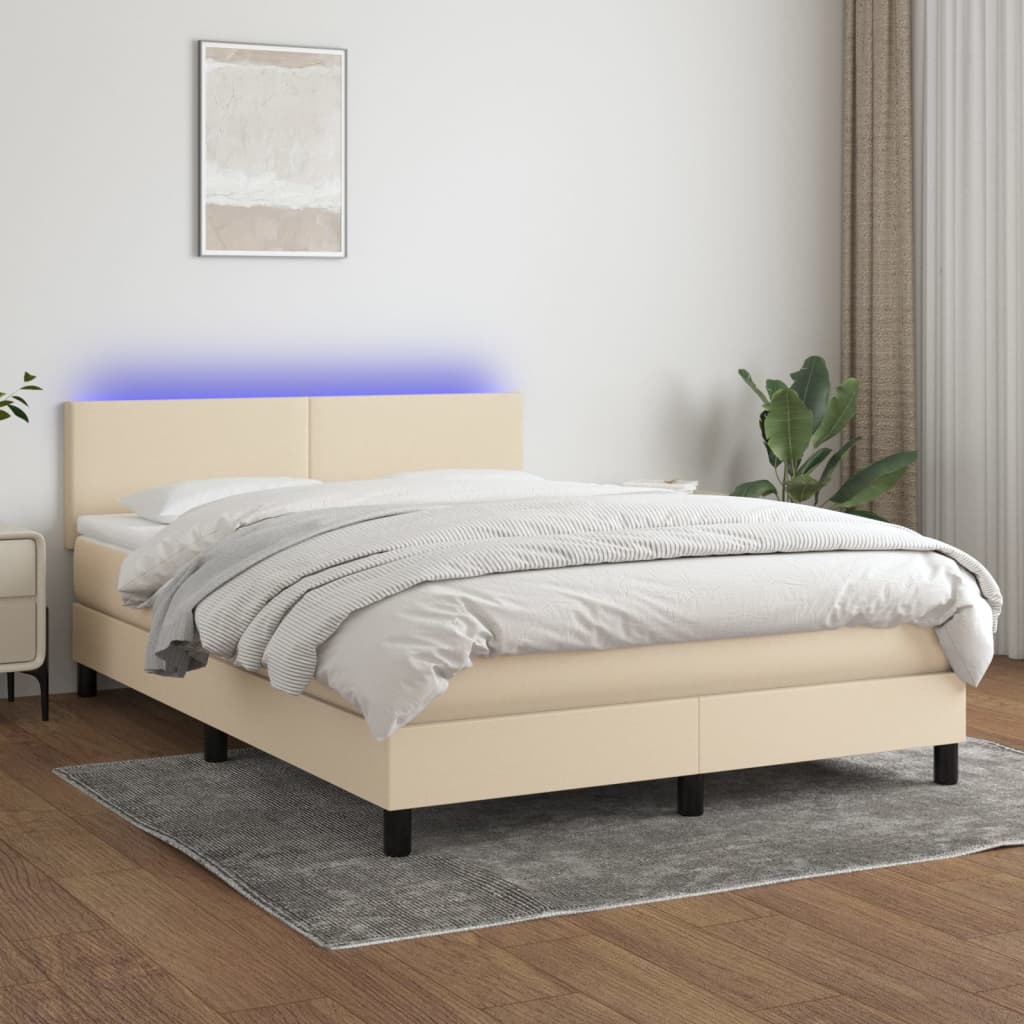 vidaXL Posteľ boxsping s matracom a LED krémová 140x200 cm látka