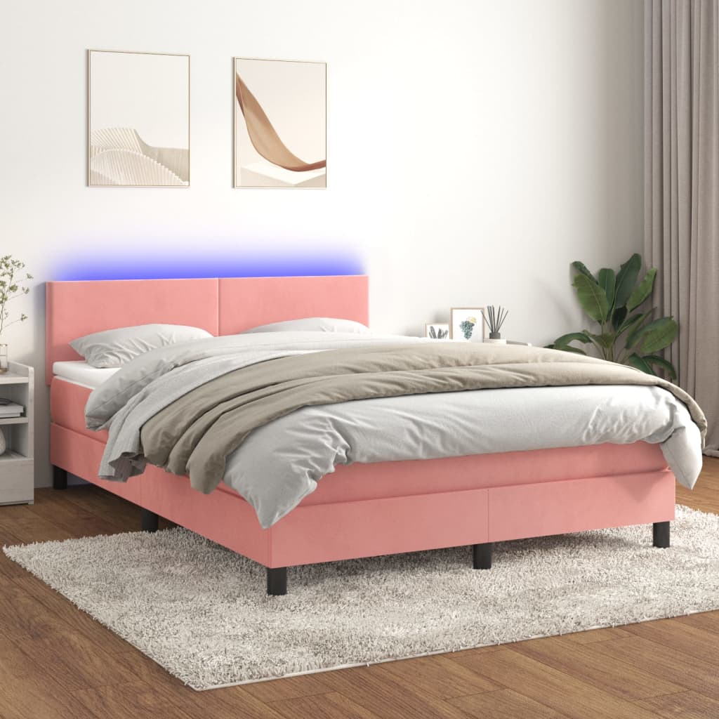 vidaXL Posteľný rám boxsping s matracom a LED ružový 140x200 cm zamat