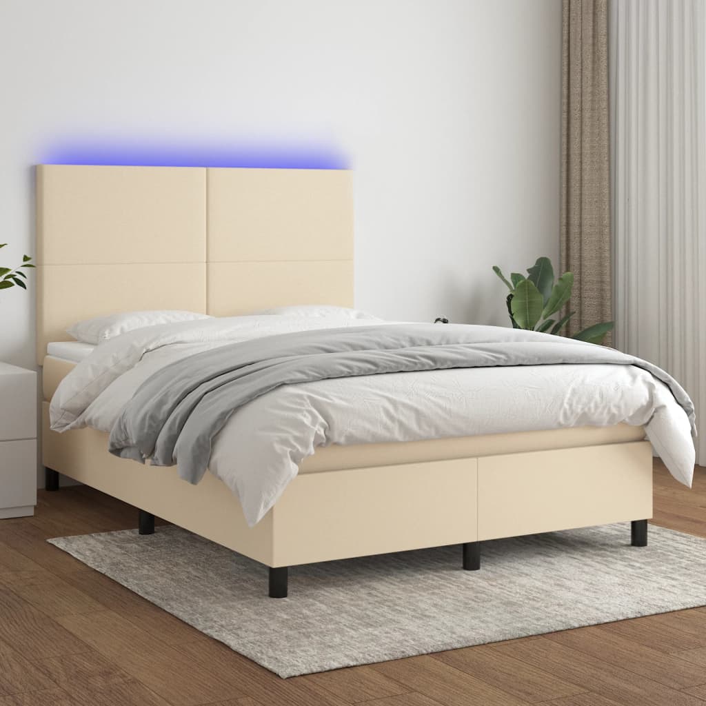 vidaXL Posteľ boxsping s matracom a LED krémová 140x200 cm látka