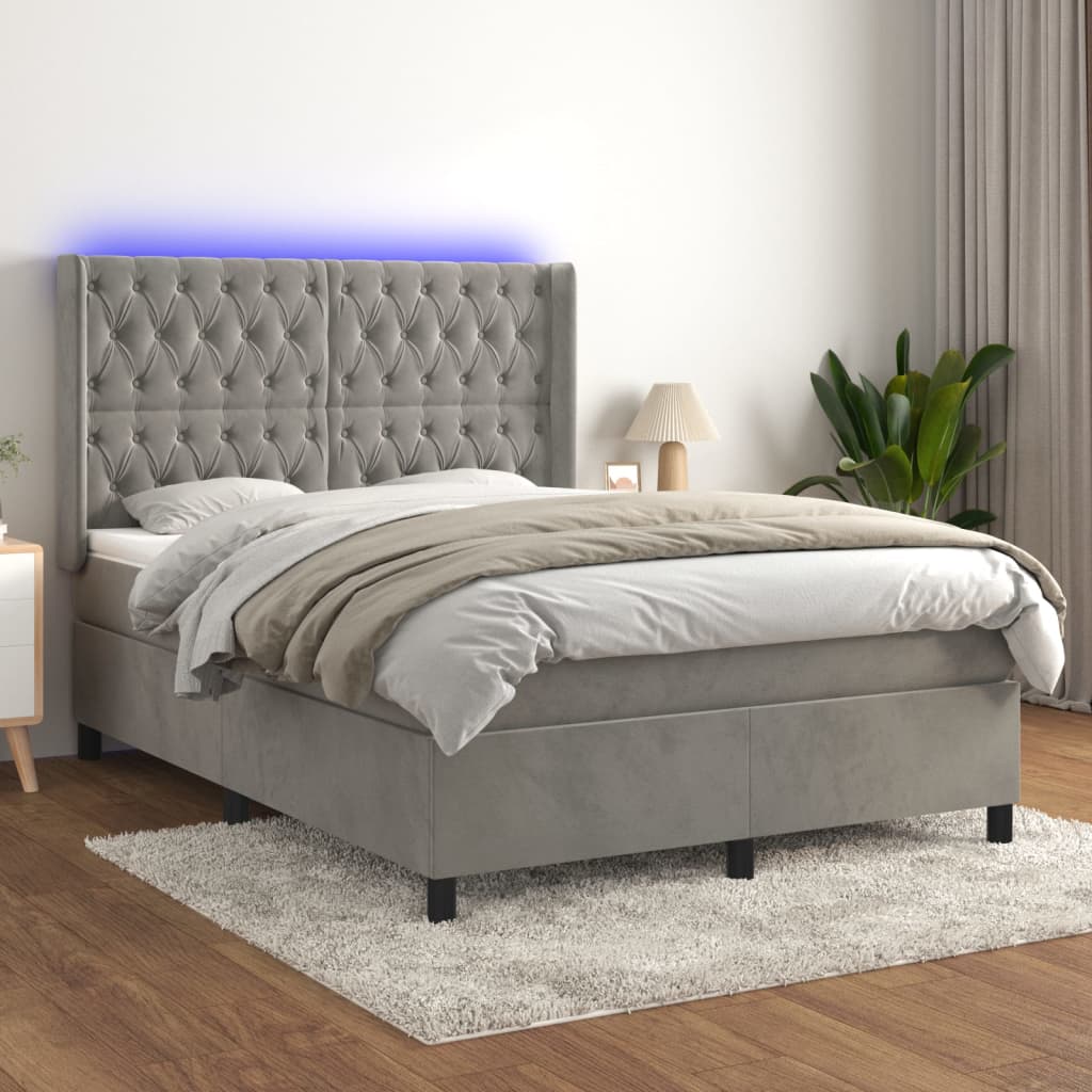 vidaXL Posteľ boxsping s matracom a LED bledosivá 140x190 cm zamat