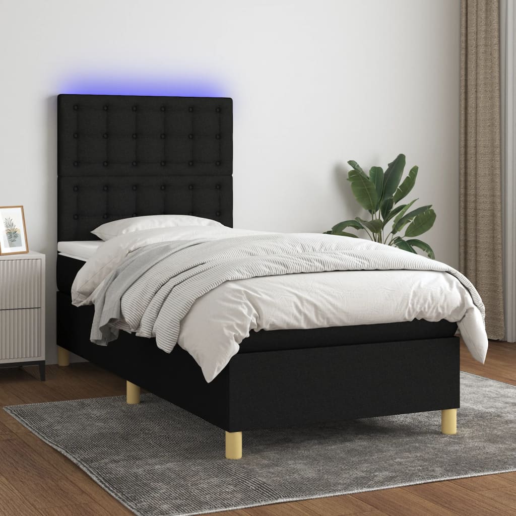 vidaXL Posteľ boxsping s matracom a LED čierna 90x200 cm látka