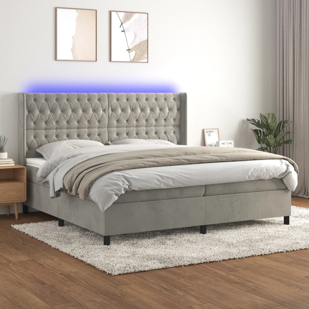 vidaXL Posteľ boxsping s matracom a LED bledosivá 200x200 cm zamat