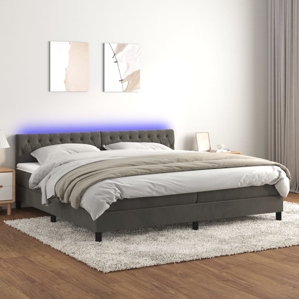 vidaXL Posteľ boxsping s matracom a LED tmavosivá 200x200 cm zamat