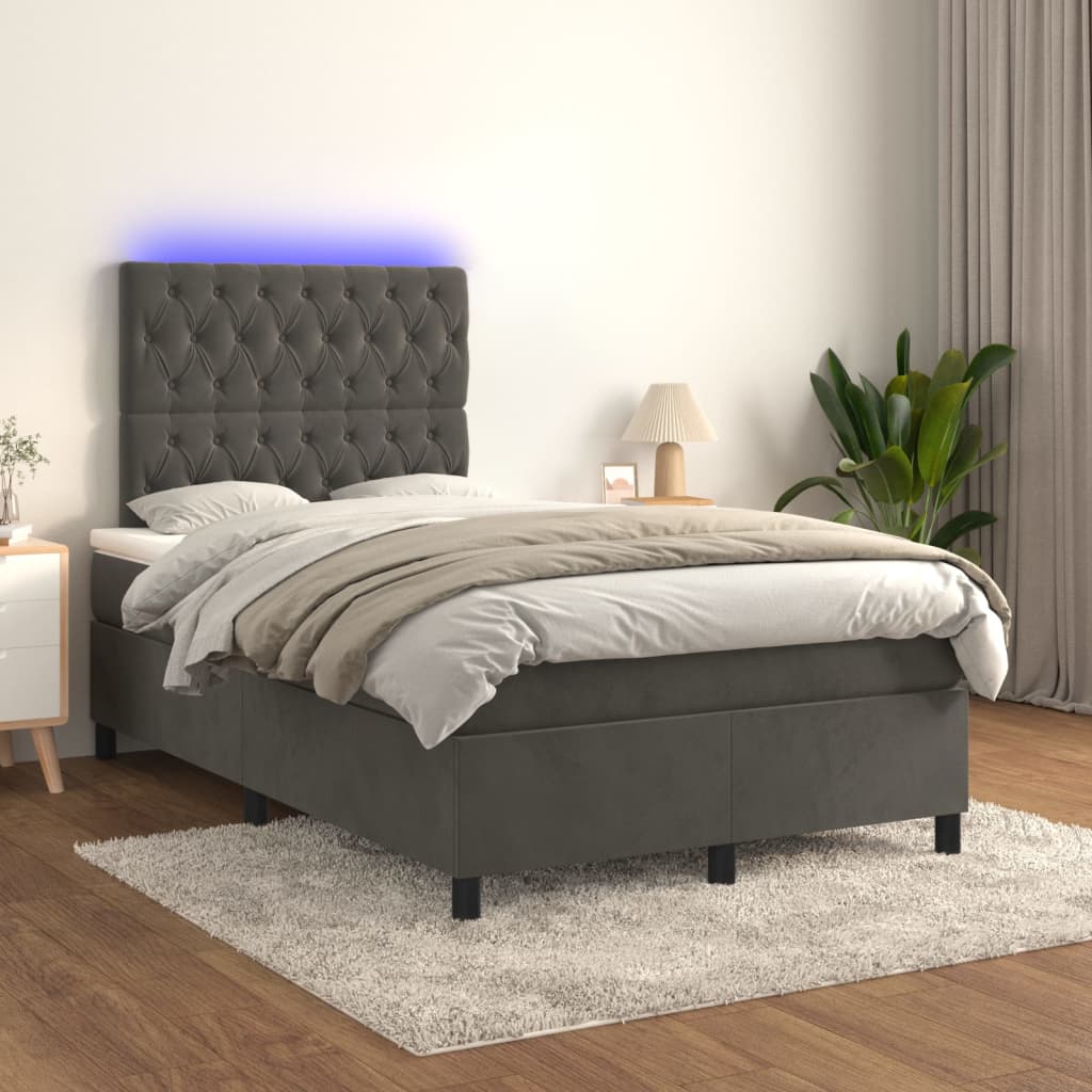 vidaXL Posteľ boxsping s matracom a LED tmavosivá 120x200 cm zamat
