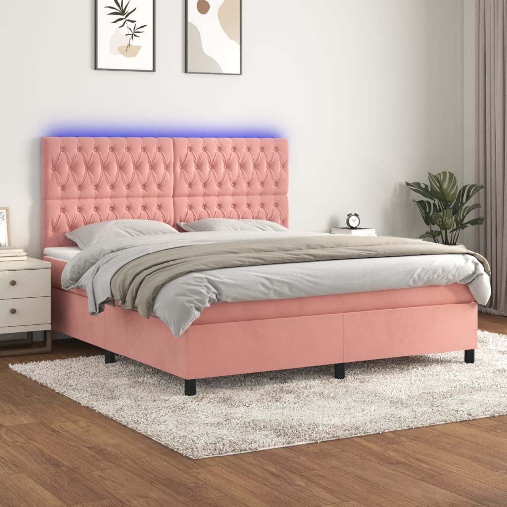 vidaXL Posteľný rám boxsping s matracom a LED ružový 180x200 cm zamat