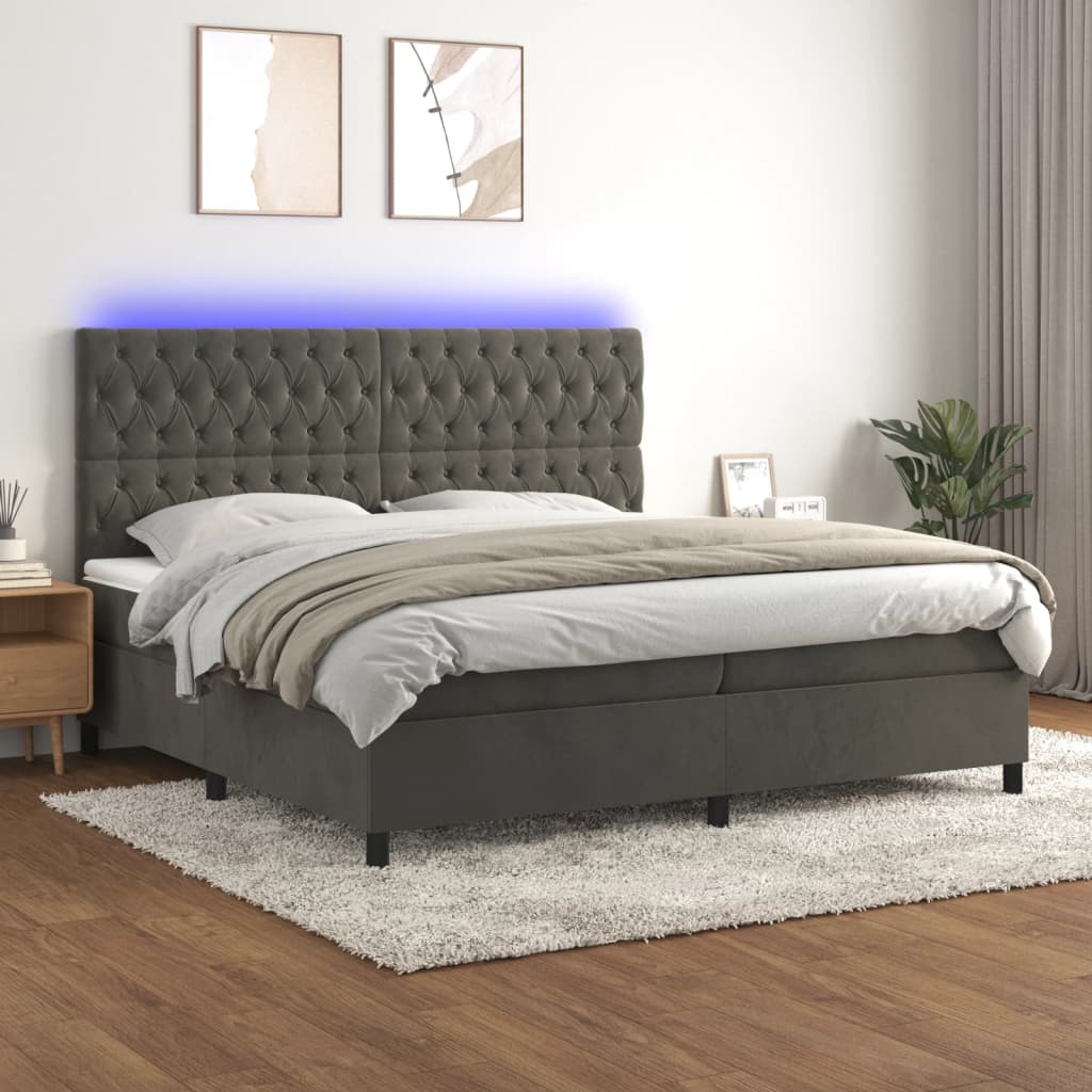 vidaXL Posteľ boxsping s matracom a LED tmavosivá 200x200 cm zamat