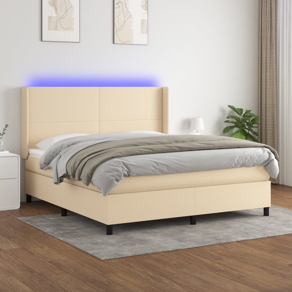 vidaXL Posteľ boxsping s matracom a LED krémová 160x200 cm látka