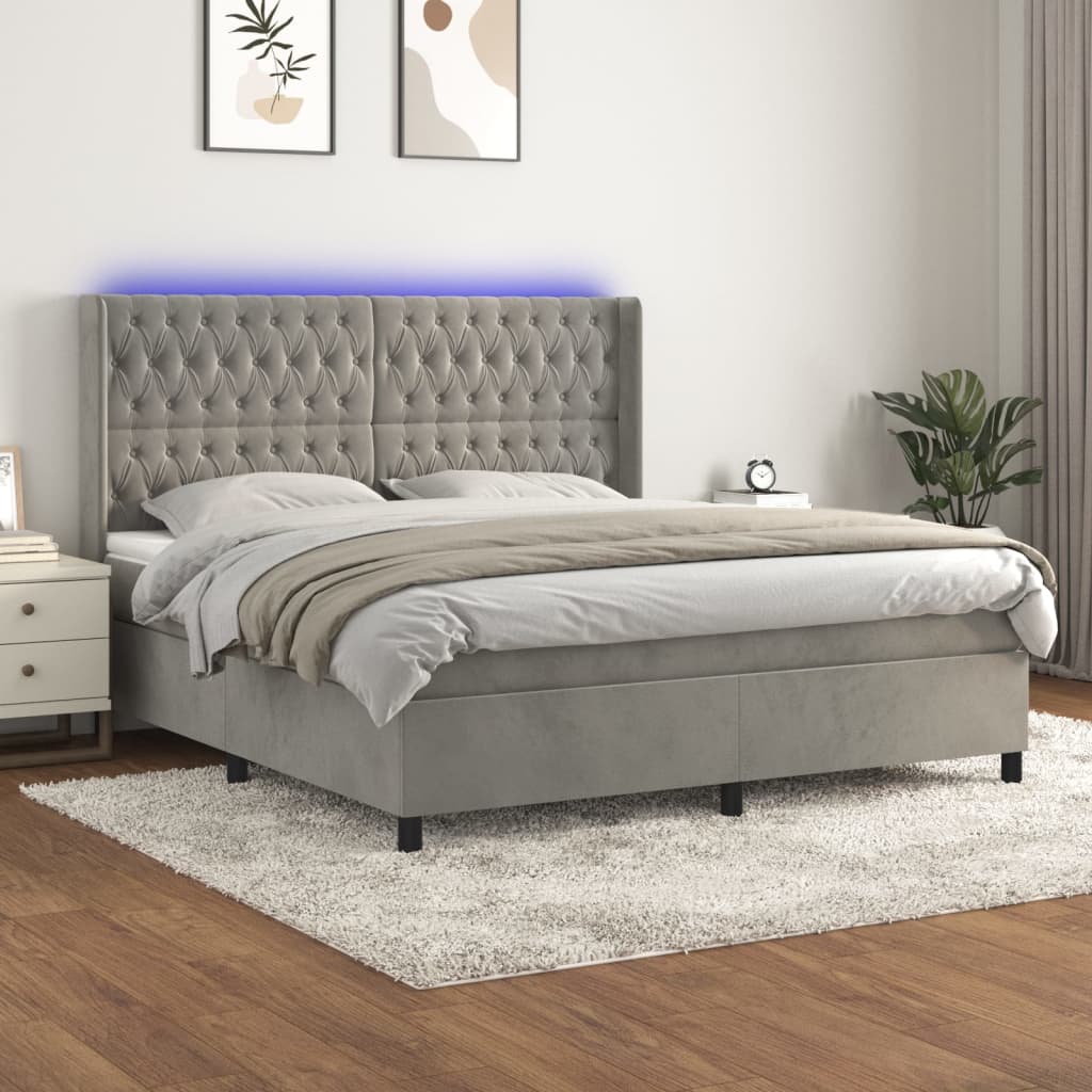 vidaXL Posteľ boxsping s matracom a LED bledosivá 180x200 cm zamat