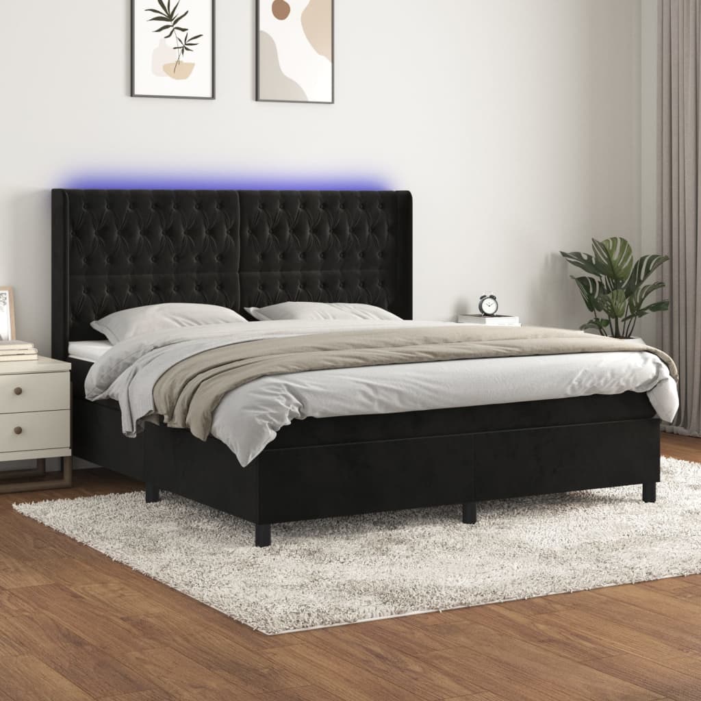 vidaXL Posteľ boxsping s matracom a LED čierna 180x200 cm zamat