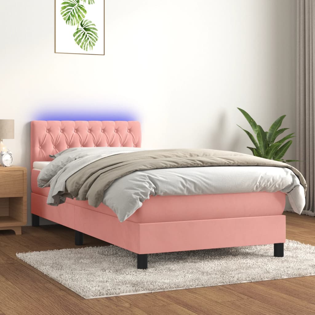 vidaXL Posteľný rám boxsping s matracom a LED ružový 90x190 cm zamat
