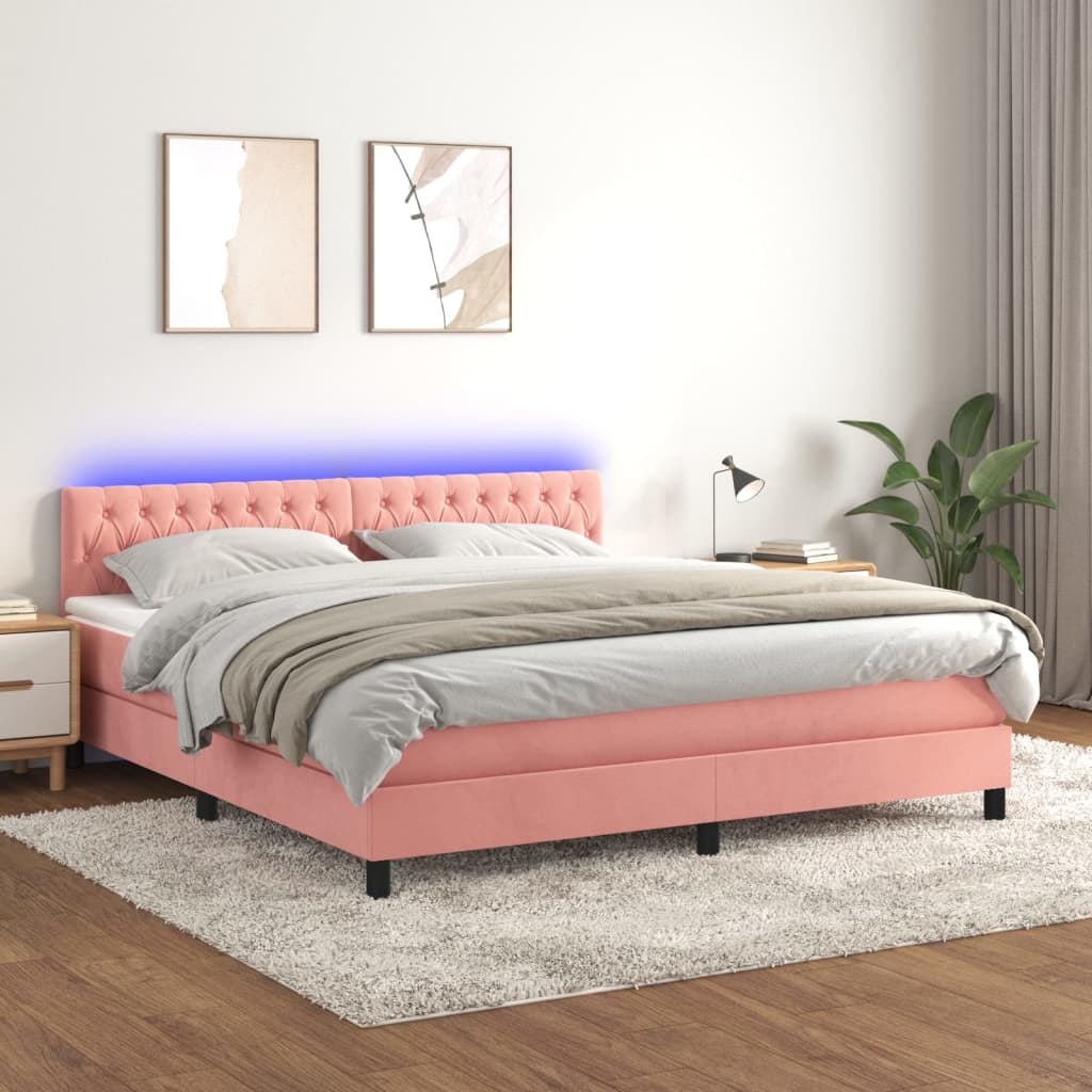 vidaXL Posteľný rám boxsping s matracom a LED ružový 180x200 cm zamat
