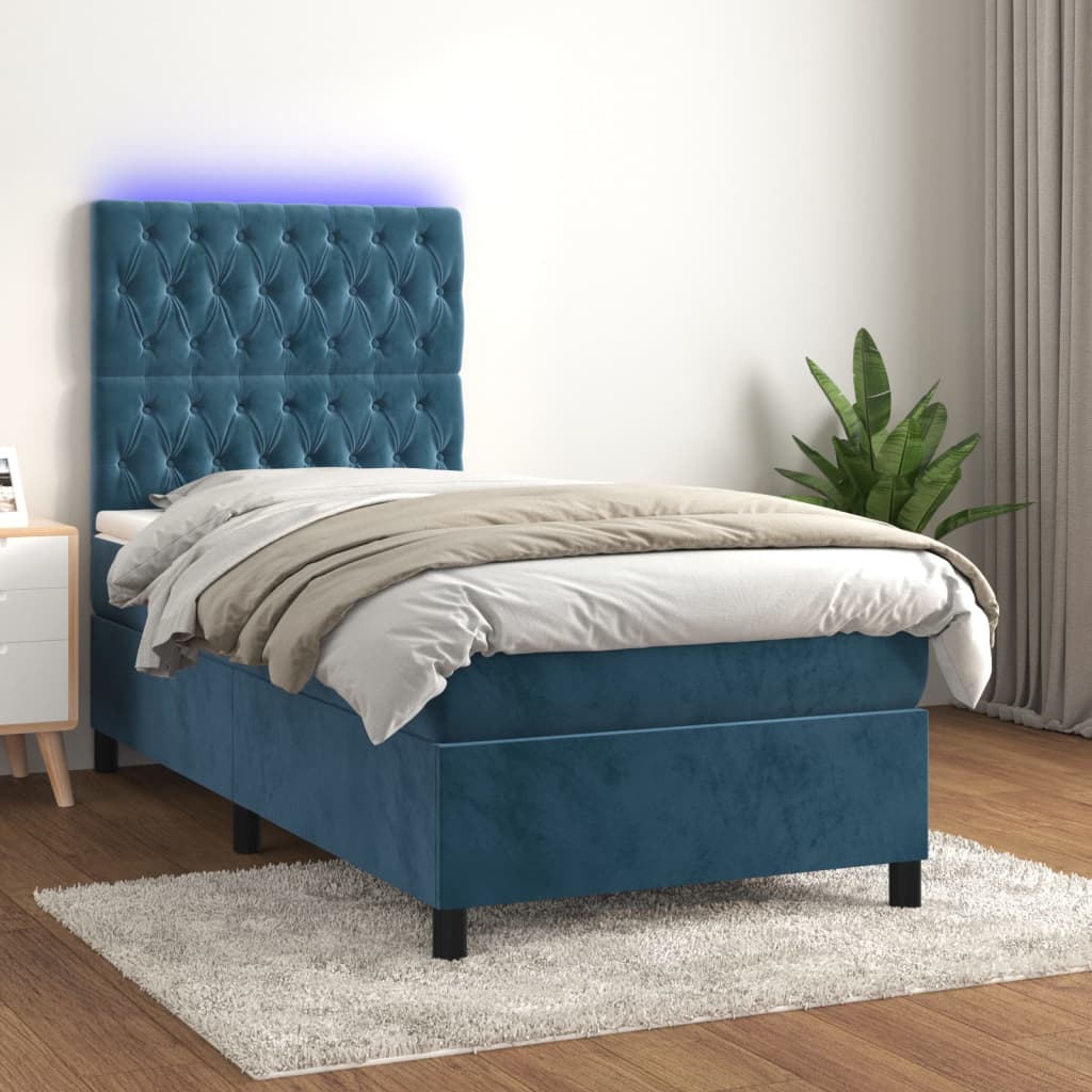 vidaXL Posteľný rám boxsping matrac a LED tmavomodrý 90x190 cm zamat