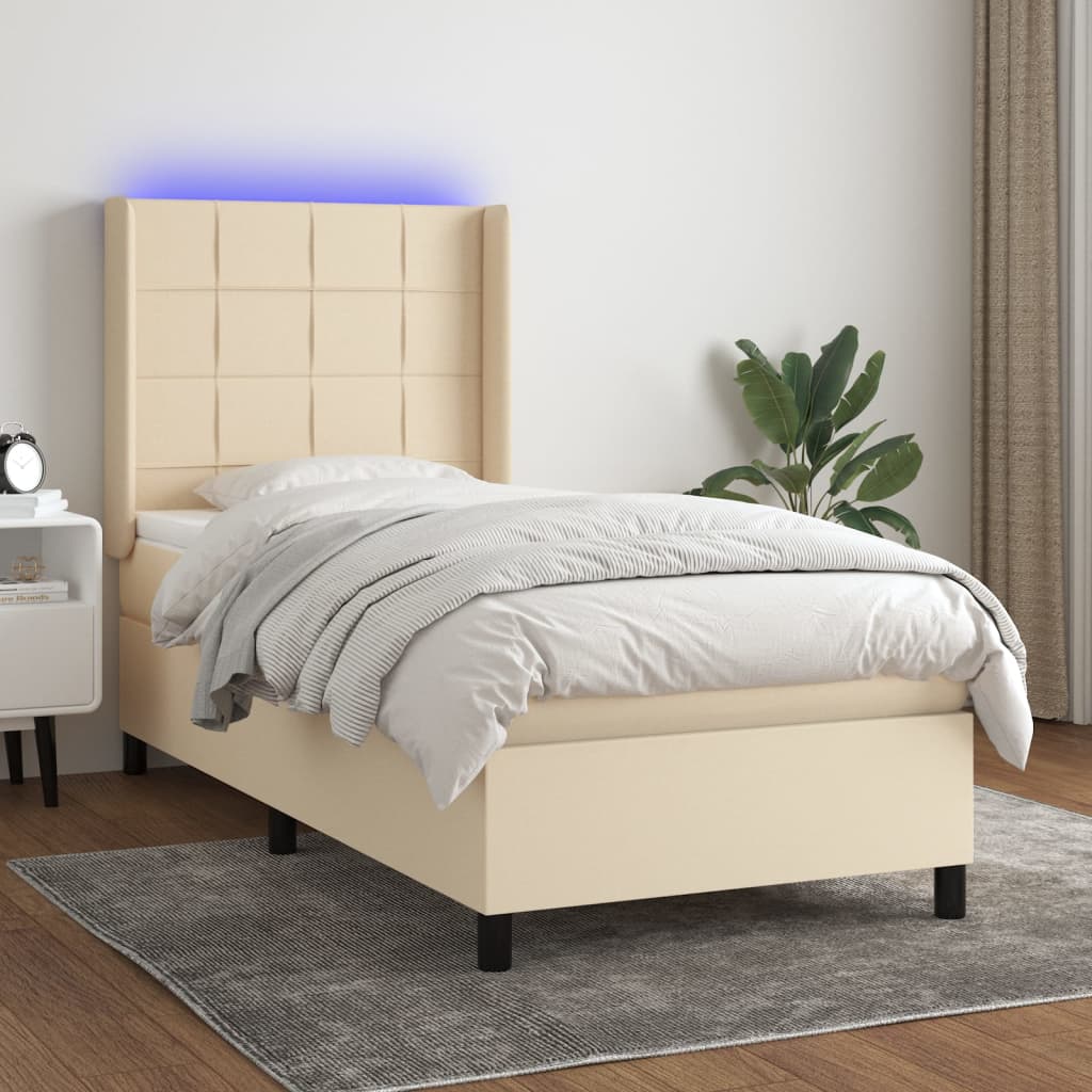 vidaXL Posteľ boxsping s matracom a LED krémová 90x200 cm látka