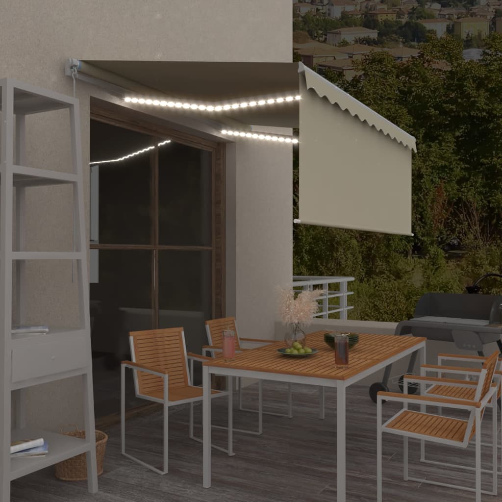 vidaXL Ručne zaťahovacia markíza s tienidlom a LED 3x2,5 m krémová