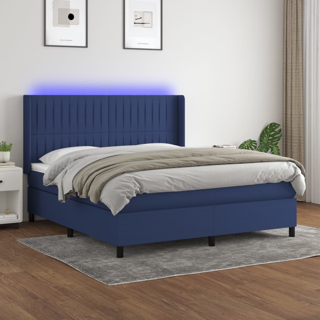 vidaXL Posteľ boxsping s matracom a LED modrá 180x200 cm látka