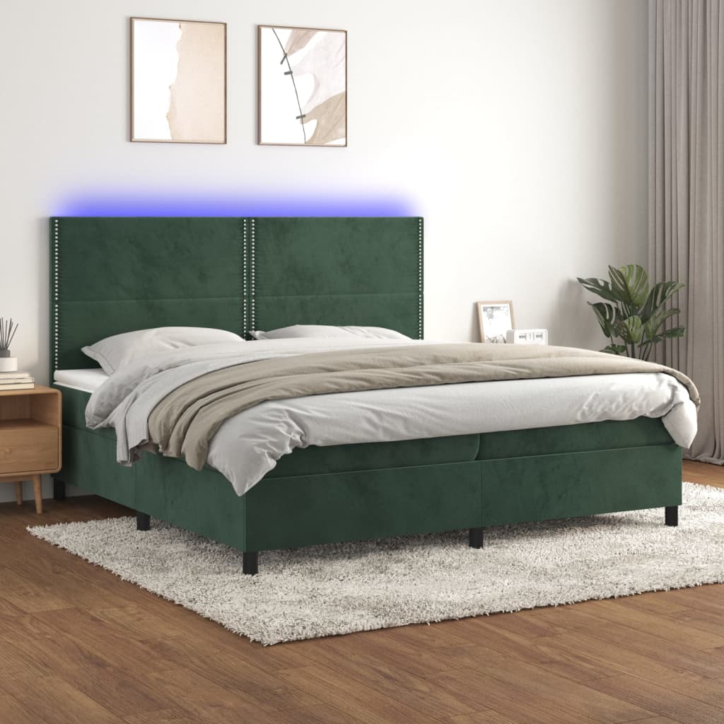 vidaXL Posteľný rám boxsping matrac a LED tmavozelený 200x200 cm zamat