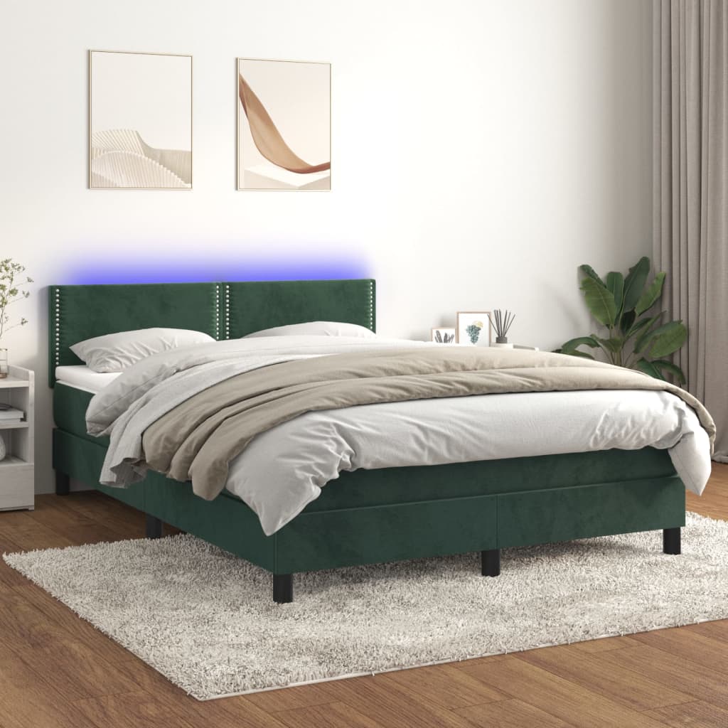 vidaXL Posteľný rám boxsping matrac a LED tmavozelený 140x200 cm zamat