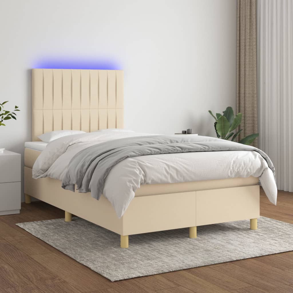 vidaXL Posteľ boxsping s matracom a LED krémová 120x200 cm látka