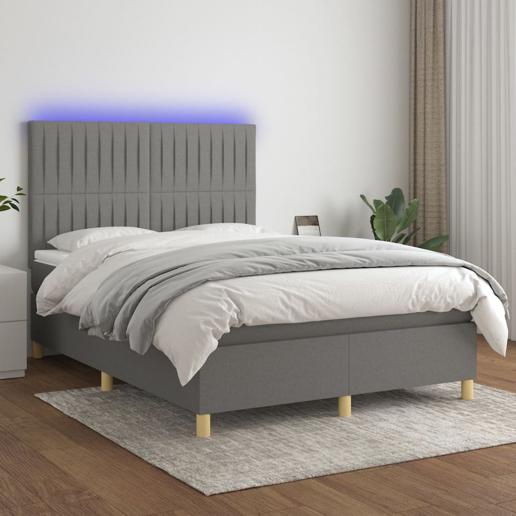 vidaXL Posteľ boxsping s matracom a LED tmavosivá 140x200 cm látka