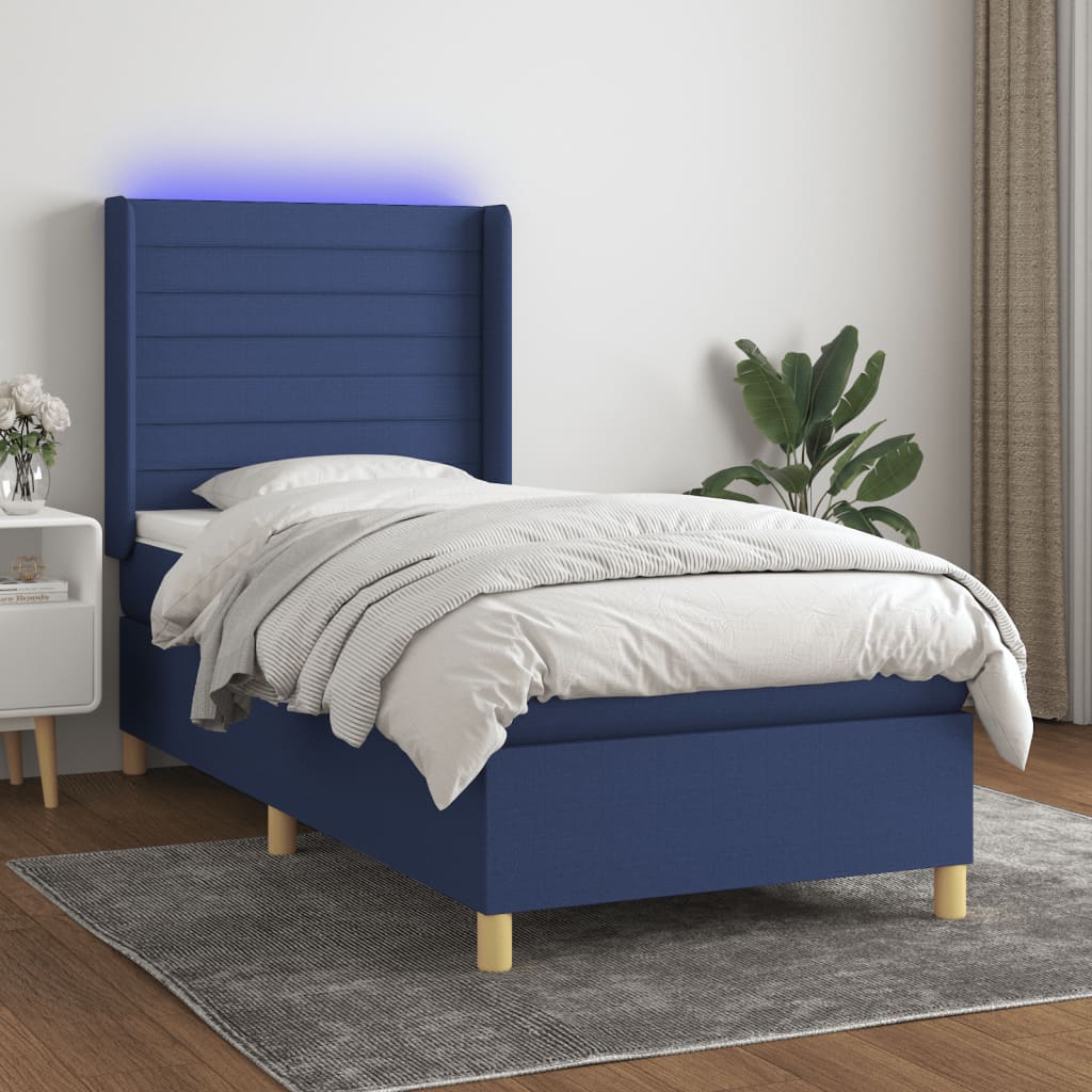vidaXL Posteľ boxsping s matracom a LED modrá 100x200 cm látka
