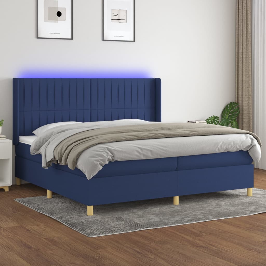 vidaXL Posteľ boxsping s matracom a LED modrá 200x200 cm látka