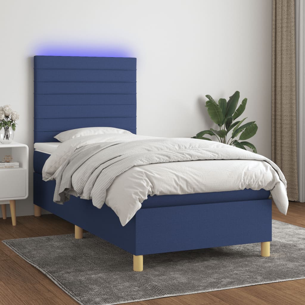 vidaXL Posteľ boxsping s matracom a LED modrá 100x200 cm látka