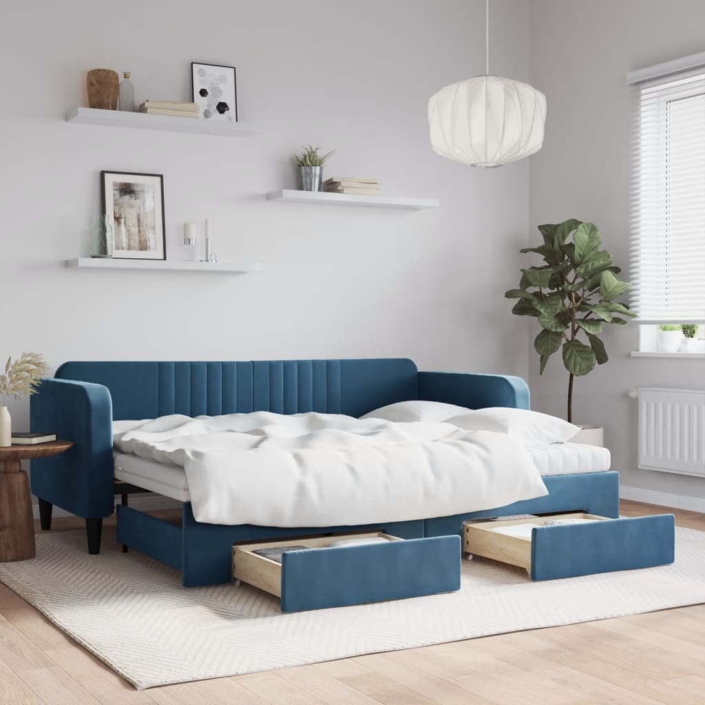 vidaXL Rozkladacia denná posteľ s matracmi modrá 80x200 cm zamat