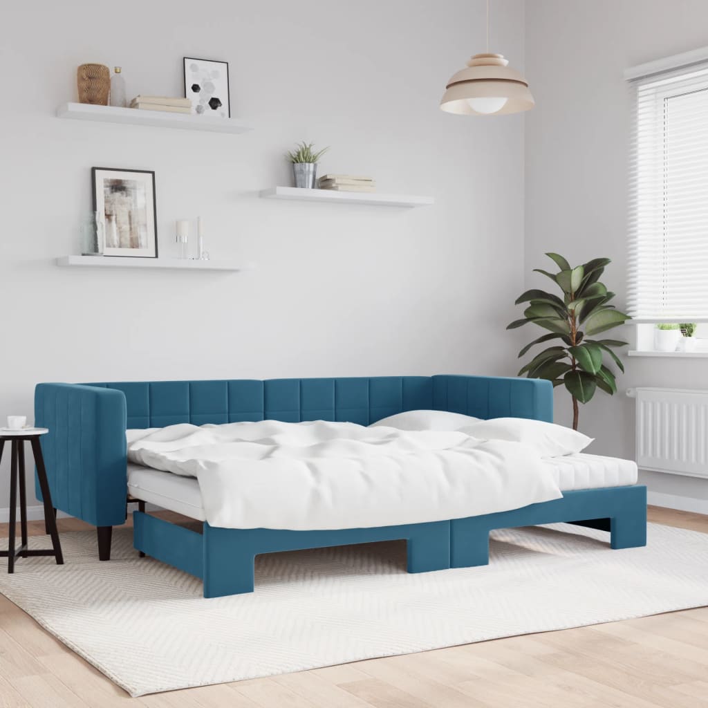 vidaXL Rozkladacia denná posteľ s matracmi modrá 80x200 cm zamat