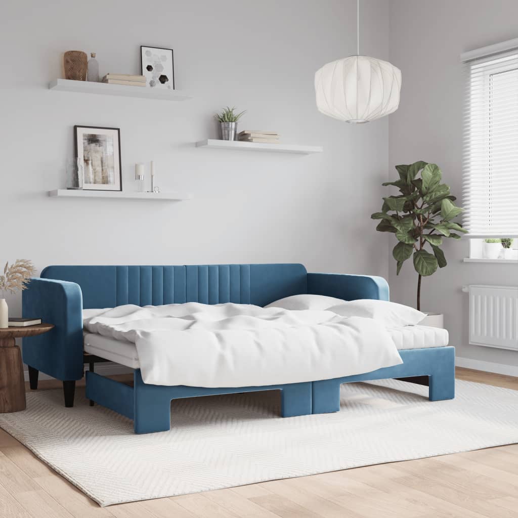 vidaXL Rozkladacia denná posteľ s matracmi modrá 80x200 cm zamat