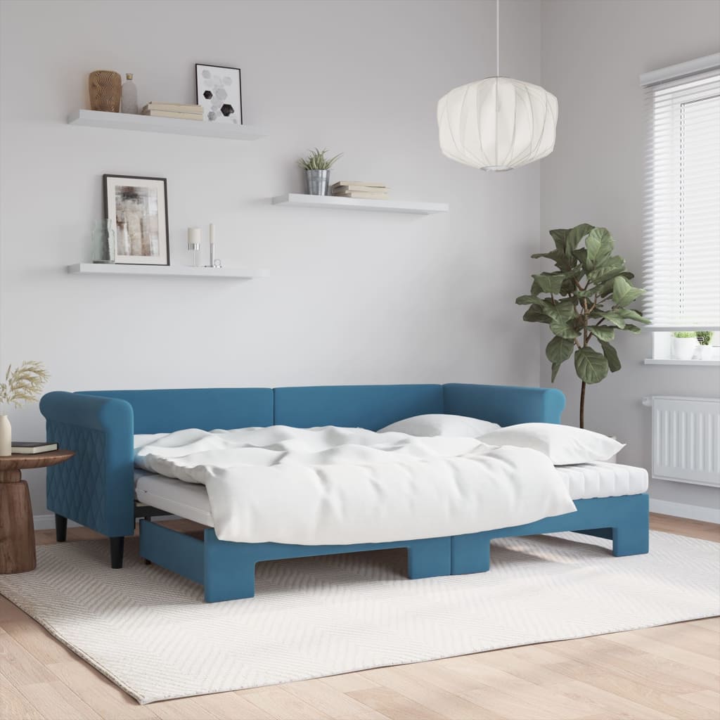vidaXL Rozkladacia denná posteľ s matracmi modrá 80x200 cm zamat