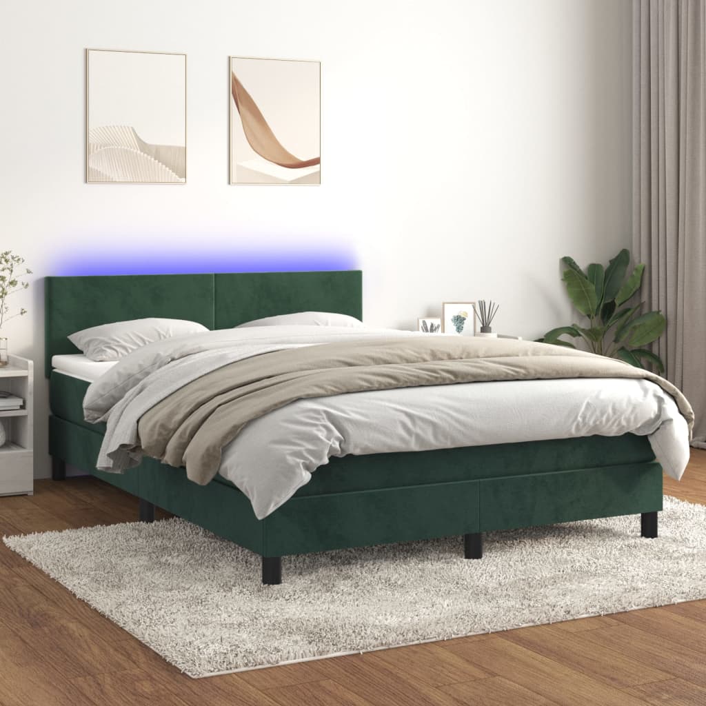 vidaXL Posteľný rám boxsping matrac a LED tmavozelený 140x200 cm zamat