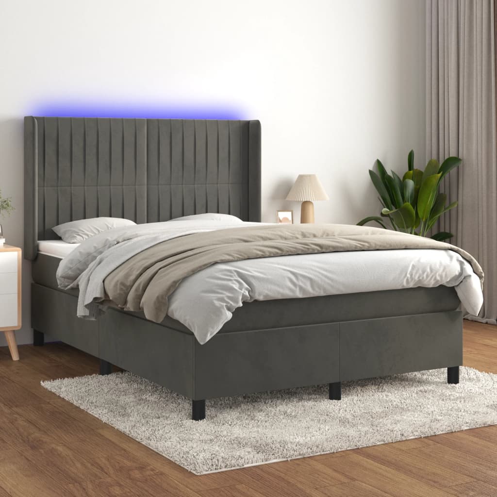 vidaXL Posteľ boxsping s matracom a LED tmavosivá 140x200 cm zamat