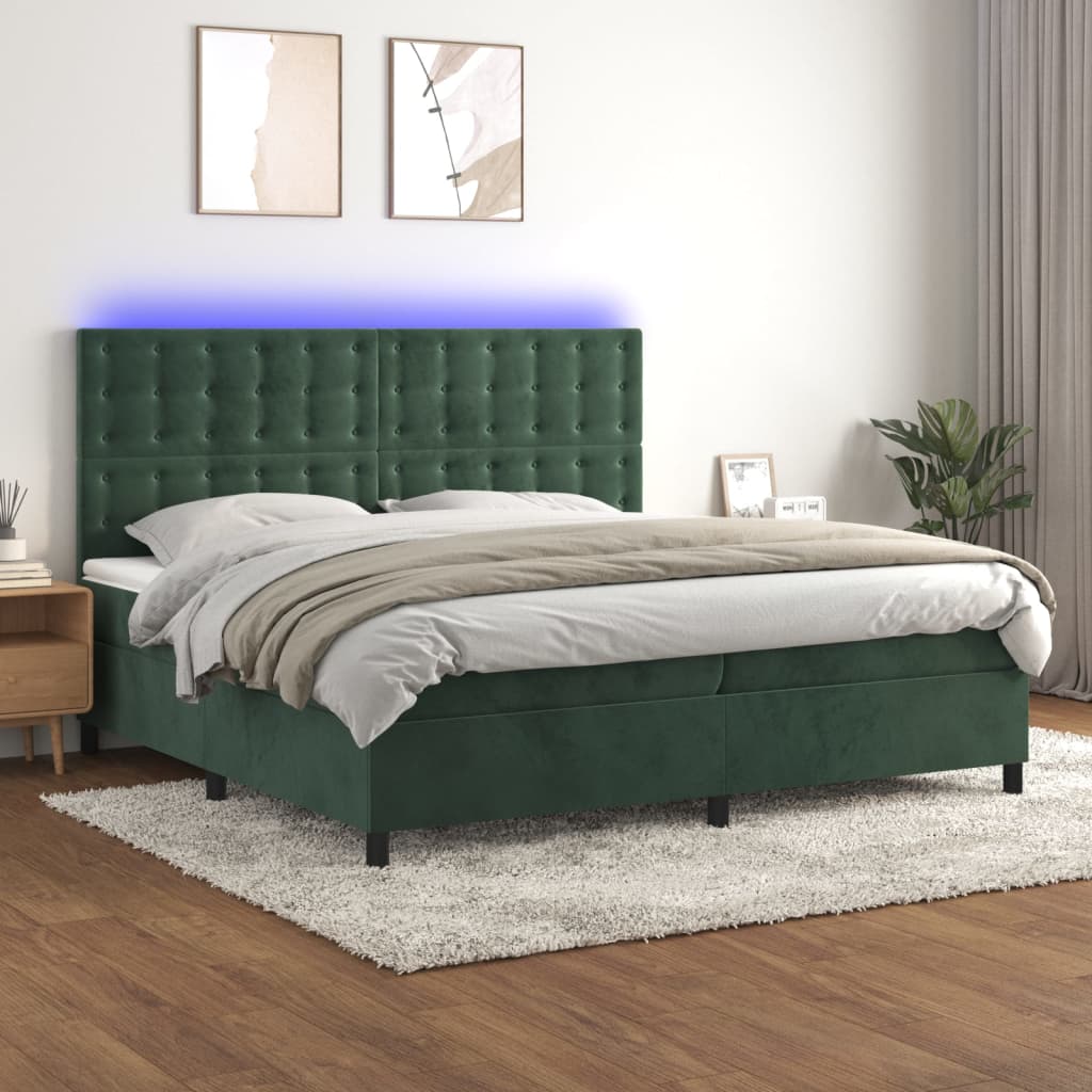 vidaXL Posteľný rám boxsping matrac a LED tmavozelený 200x200 cm zamat