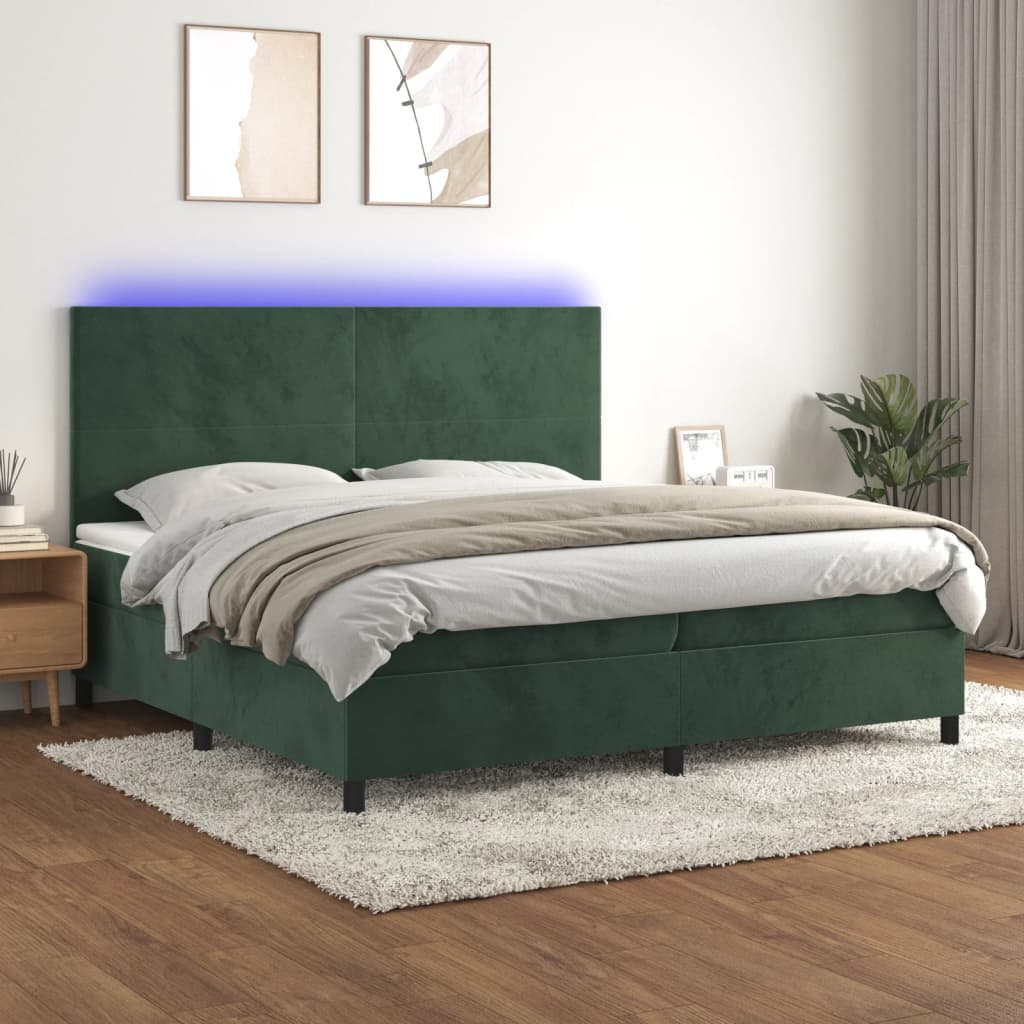 vidaXL Posteľný rám boxsping matrac a LED tmavozelený 200x200 cm zamat