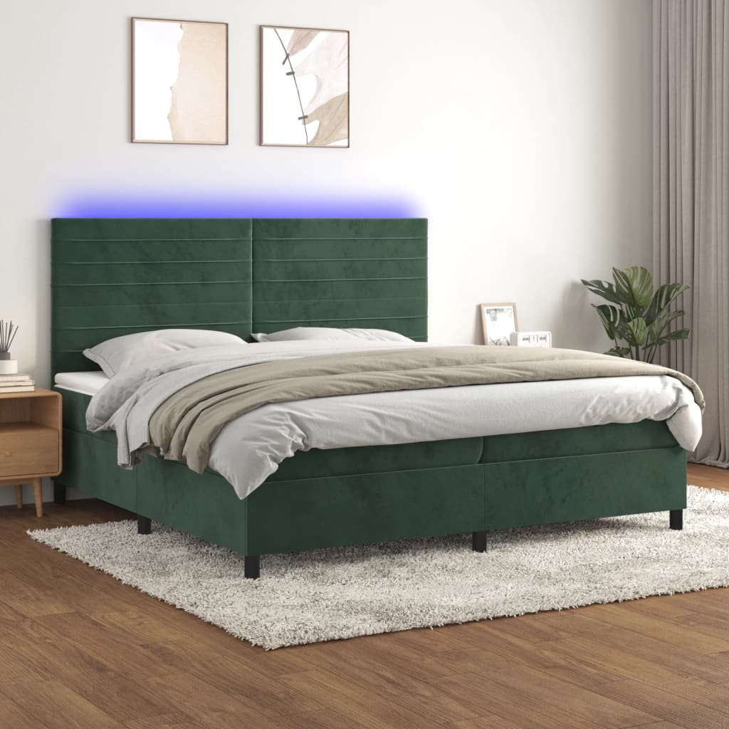 vidaXL Posteľný rám boxsping matrac a LED tmavozelený 200x200 cm zamat