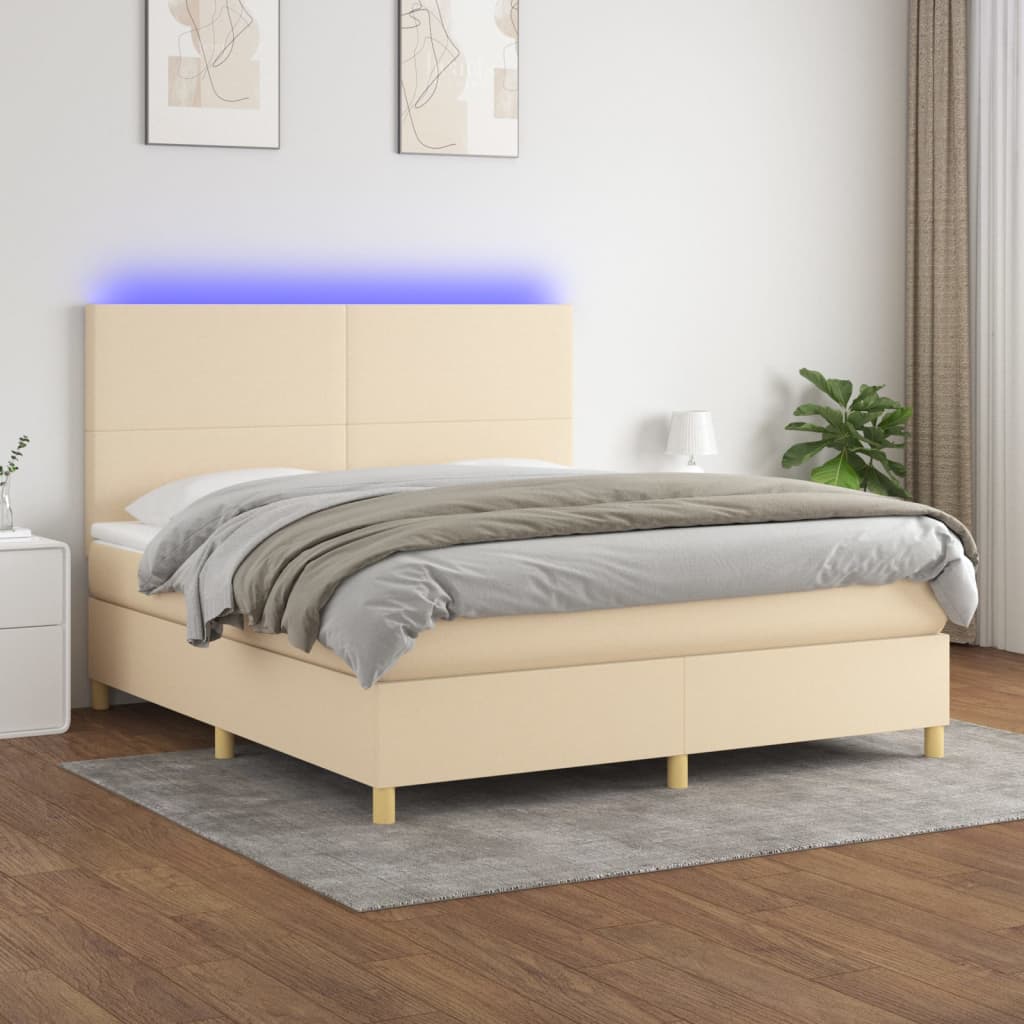 vidaXL Posteľ boxsping s matracom a LED krémová 180x200 cm látka