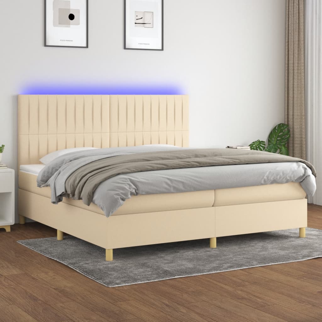 vidaXL Posteľ boxsping s matracom a LED krémová 200x200 cm látka