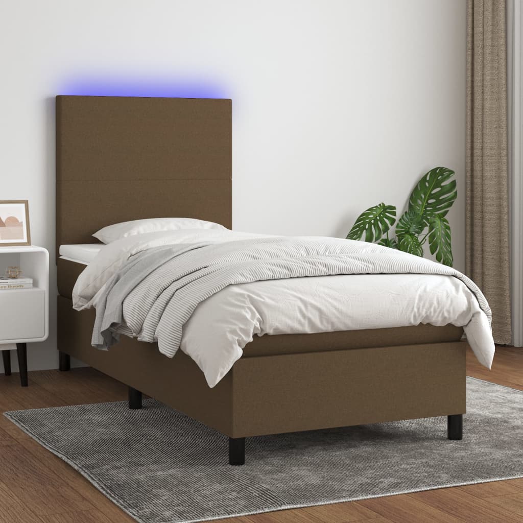 vidaXL Posteľ boxsping s matracom a LED tmavohnedá 90x200 cm látka
