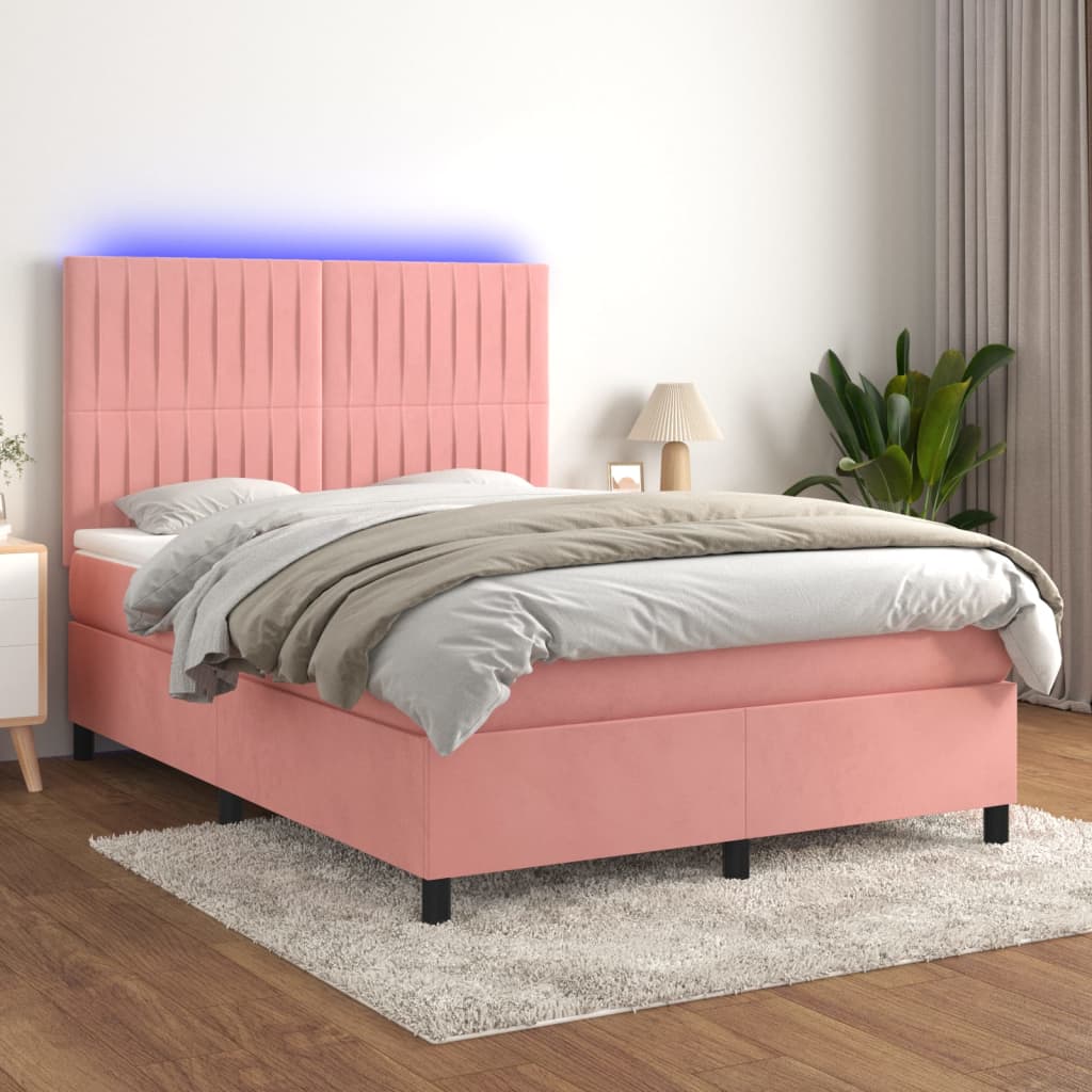 vidaXL Posteľný rám boxsping s matracom a LED ružový 140x200 cm zamat