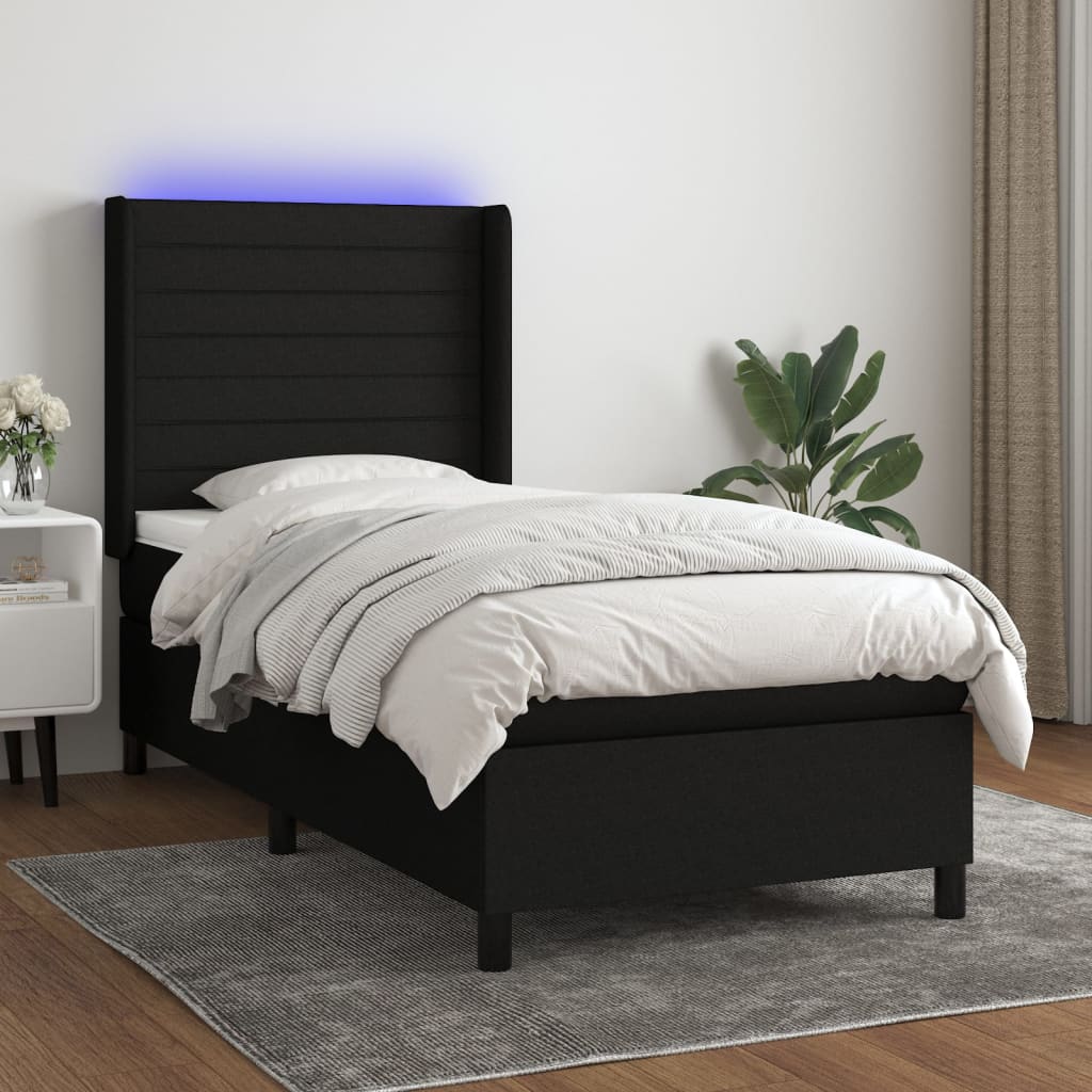 vidaXL Posteľ boxsping s matracom a LED čierna 90x190 cm látka
