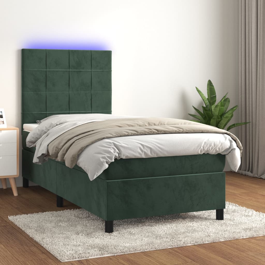 vidaXL Posteľný rám boxsping matrac a LED tmavozelený 100x200 cm zamat